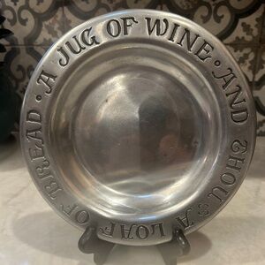 Vintage Pewter Plate with Engraved Text “A Loaf of Bread, A Jug of Wine & Thou”